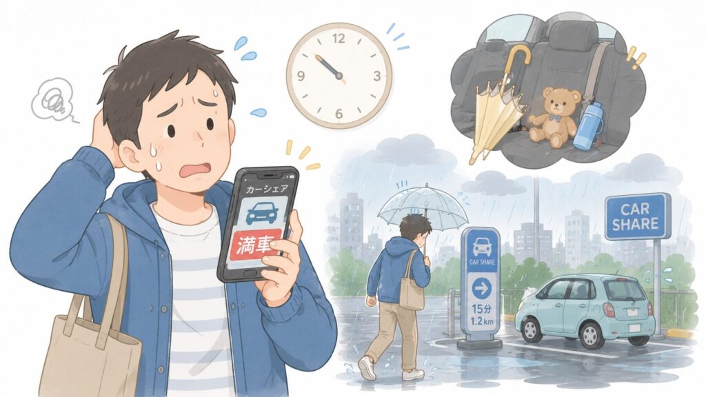 週末に予約しようとスマホを見ると「満車」表示で
ガッカリ。背景に時計（返却時間に追われる焦り）と、前の利用者の置き忘れを
連想させる車内の小物。雨の日に少し離れたステーションまで歩く描写でもよい。