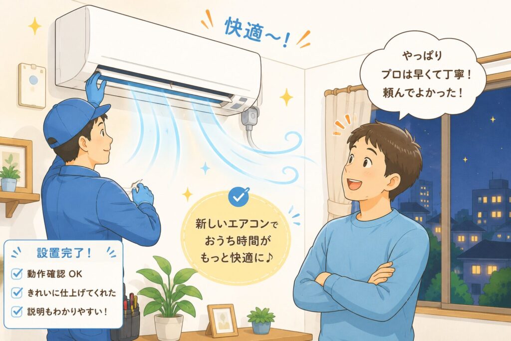 壁に新しいエアコンが設置され、作業員がテキパキと仕上げ、共働きパパが満足そうに見上げている。涼しい風のマークや笑顔。