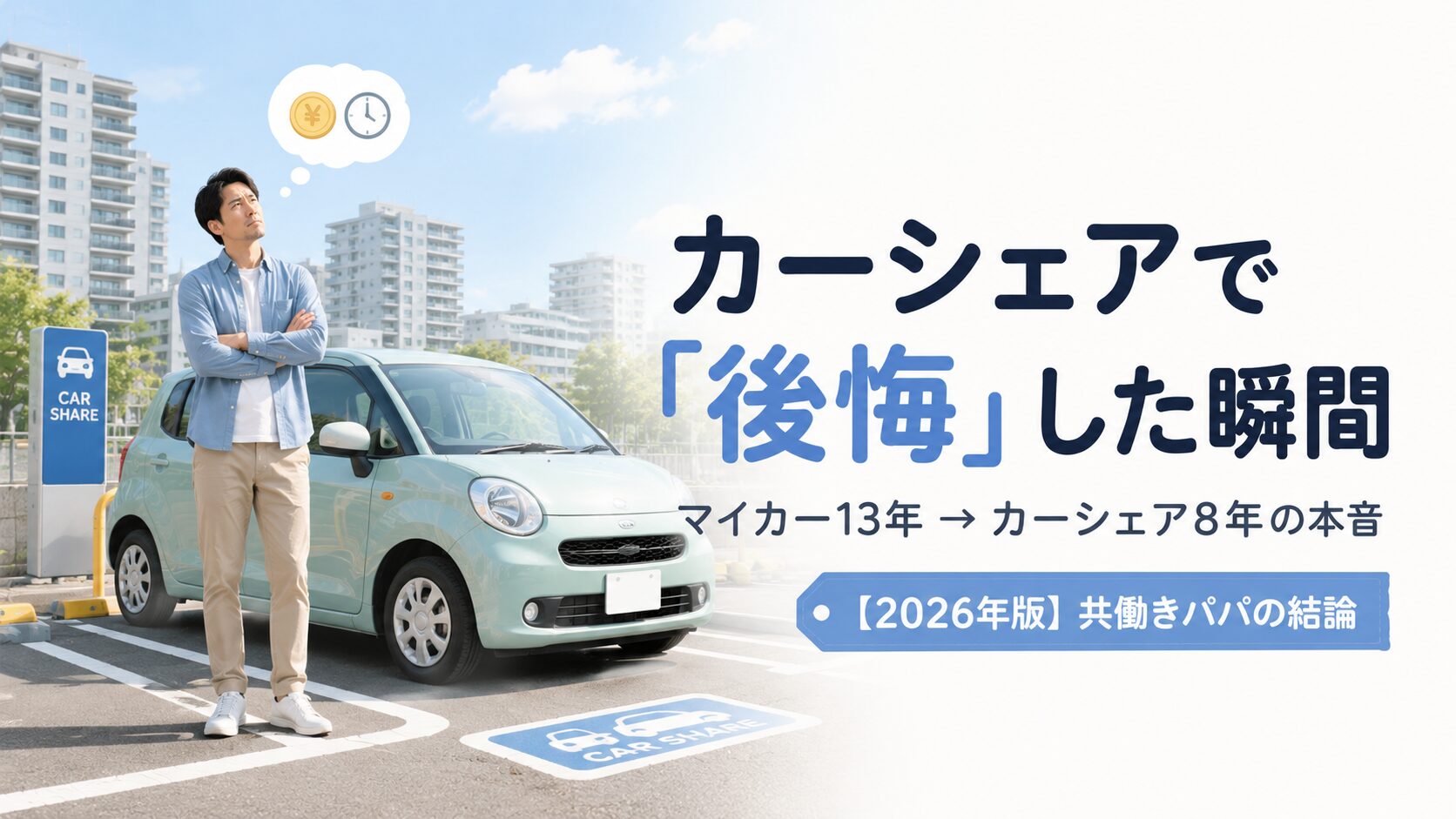 都市部のカーシェアステーション（駐車場）で、コンパクトカーの横に立つ 30〜40代の日本人パパ。軽く腕を組み、少し首をかしげて「うーん」と 検討している表情。頭の上に小さな吹き出しで、円マークのコインと時計の アイコンが浮かぶ（コストと予約への迷いを表す）。背景にマンション群と 青空、足元にカーシェアの白い区画ライン。