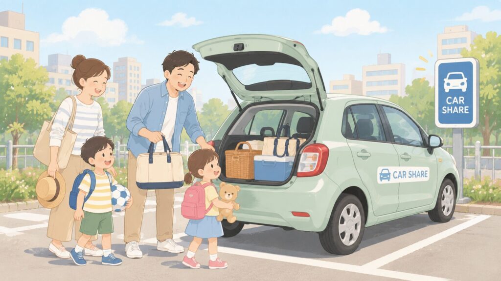 共働きパパ・ママ・小さな子ども2人の4人家族が、カーシェアの車の前で
笑顔。荷物を積み込みお出かけ準備中。「車を持たなくても家族で十分楽しめる」
という安心感が伝わる、温かく前向きな雰囲気。