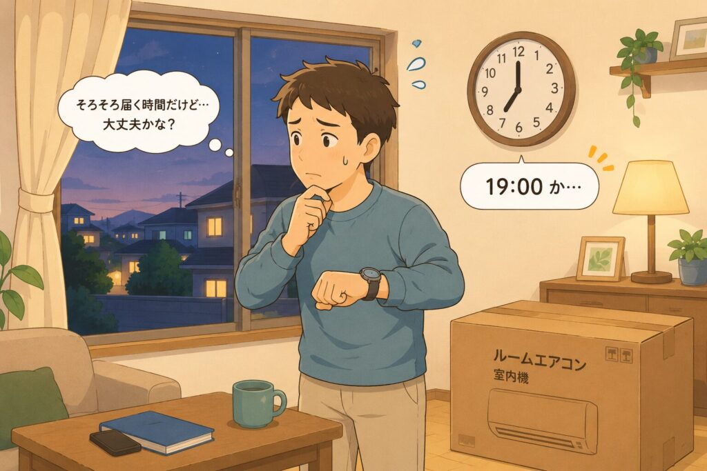 共働きパパが家の窓から外を気にしながら、時計（夜の19時を指す）をちらっと見て、少し気をもんでいる様子。隣に新しいエアコンの箱。