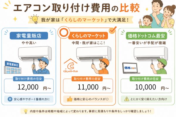 エアコン取り付け費用の比較を3つ横並びで表現：「家電量販店（やや高い）」「くらしのマーケット（中間・我が家はここ）」「価格ドットコム最安（一番安いが手配が複雑）」。中央のくらしのマーケットに丸印やチェックマークでハイライト