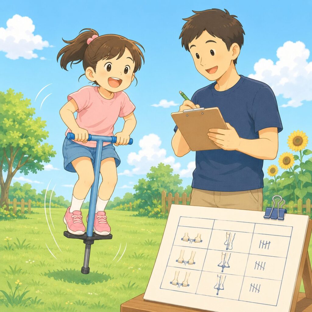 日本の女の子(7〜8歳くらい)がホッピングで元気よく跳んでいる
フラットイラスト。そばにパパが立ち、クリップボードと鉛筆を持って
笑顔でデータを記録している。
手書き風の表が描かれた紙があり、「手の位置・足の位置・跳んだ回数」
の列が見える。
夏らしい青空と緑の芝生の背景。