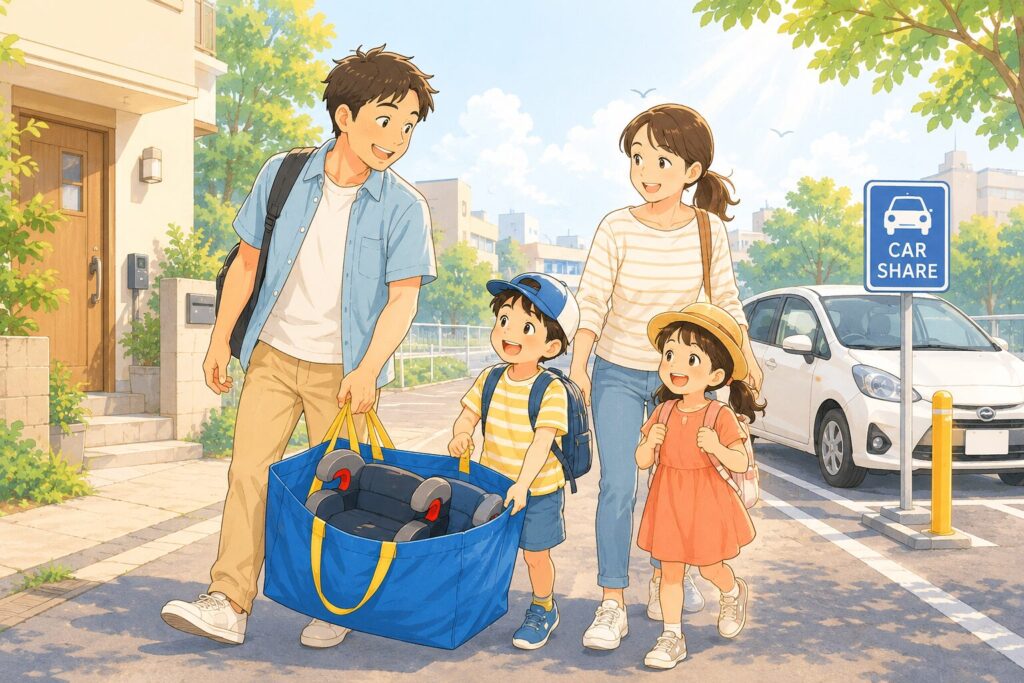 家族全員(パパ・ママ・子ども2人)が大きな青い袋にジュニアシートを入れて、カーシェア駐車場へ笑顔で歩いていく様子。明るく軽やかな雰囲気。
