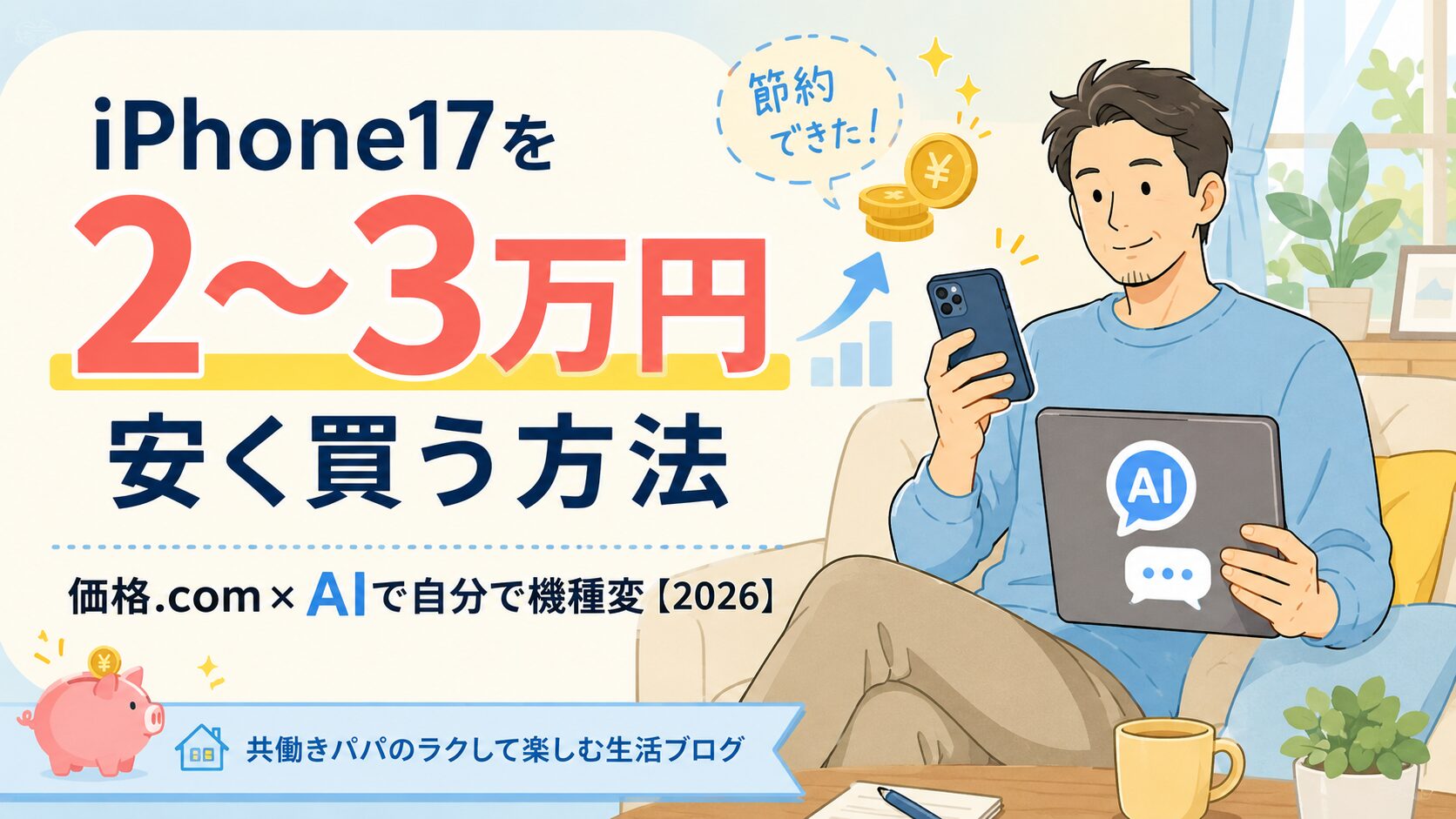 価格.comで安く買ったiPhone17を自宅で機種変更している共働きパパのイラスト