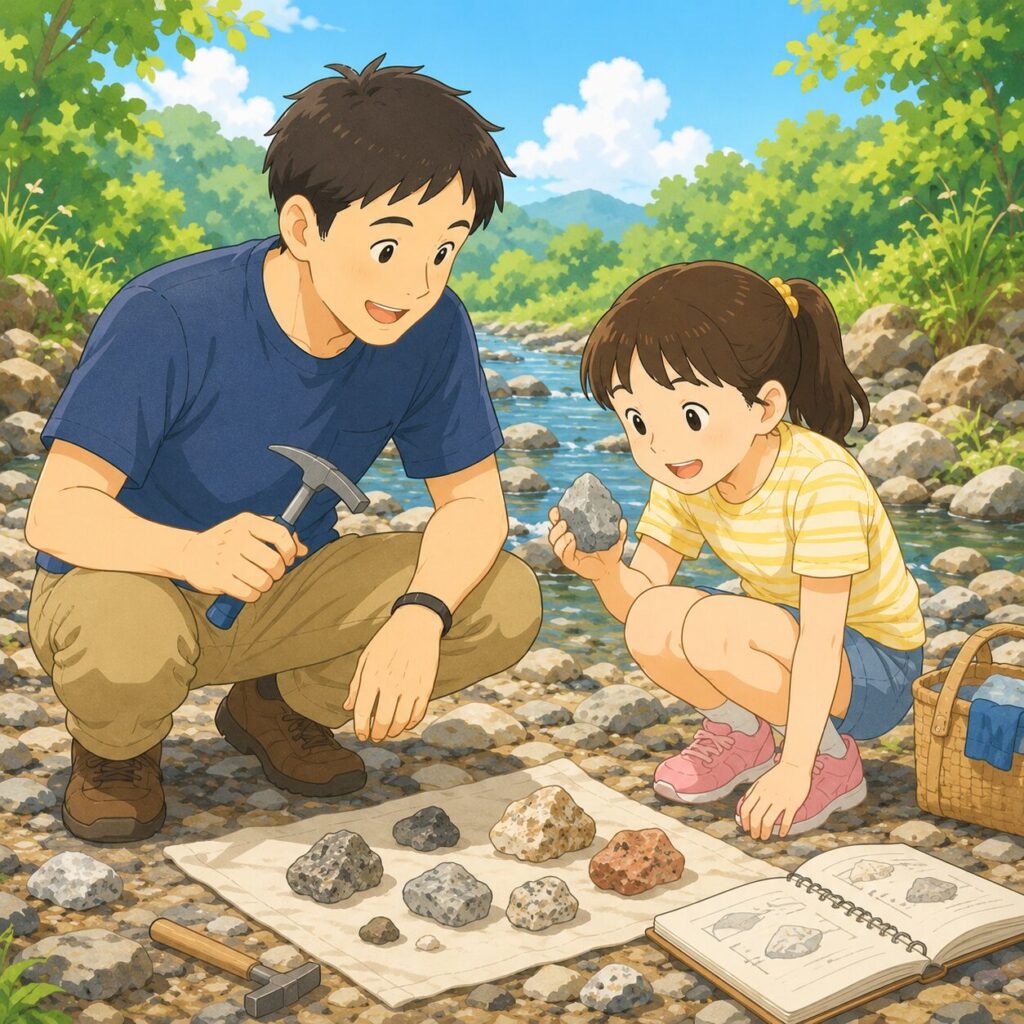 日本人のパパと小学生の女の子が、川沿いや岩場の屋外で
しゃがんでいるフラットイラスト。
パパは小さな地質ハンマーを持ち、女の子は石を手に持って
興味深そうに眺めている。
地面に広げた布の上に、採集した石がいくつか並べられている。
そばにフィールドノートが開いている。
夏らしい暖かい光、緑豊かな自然の背景。
