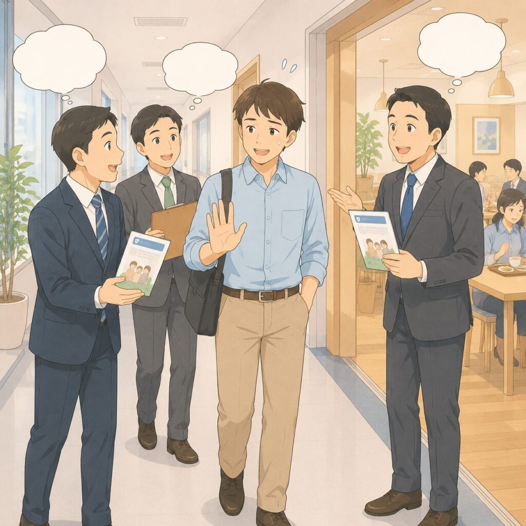日本のオフィスの社員食堂前の廊下で、ビジネスカジュアル姿のパパが
歩いていると、スーツ姿の保険会社の営業の方（複数人）が
それぞれにこやかに声をかけてくる場面のフラットイラスト。
パパは少し困った顔で笑いながら手で「いえ、結構です」と
お断りしているジェスチャー。