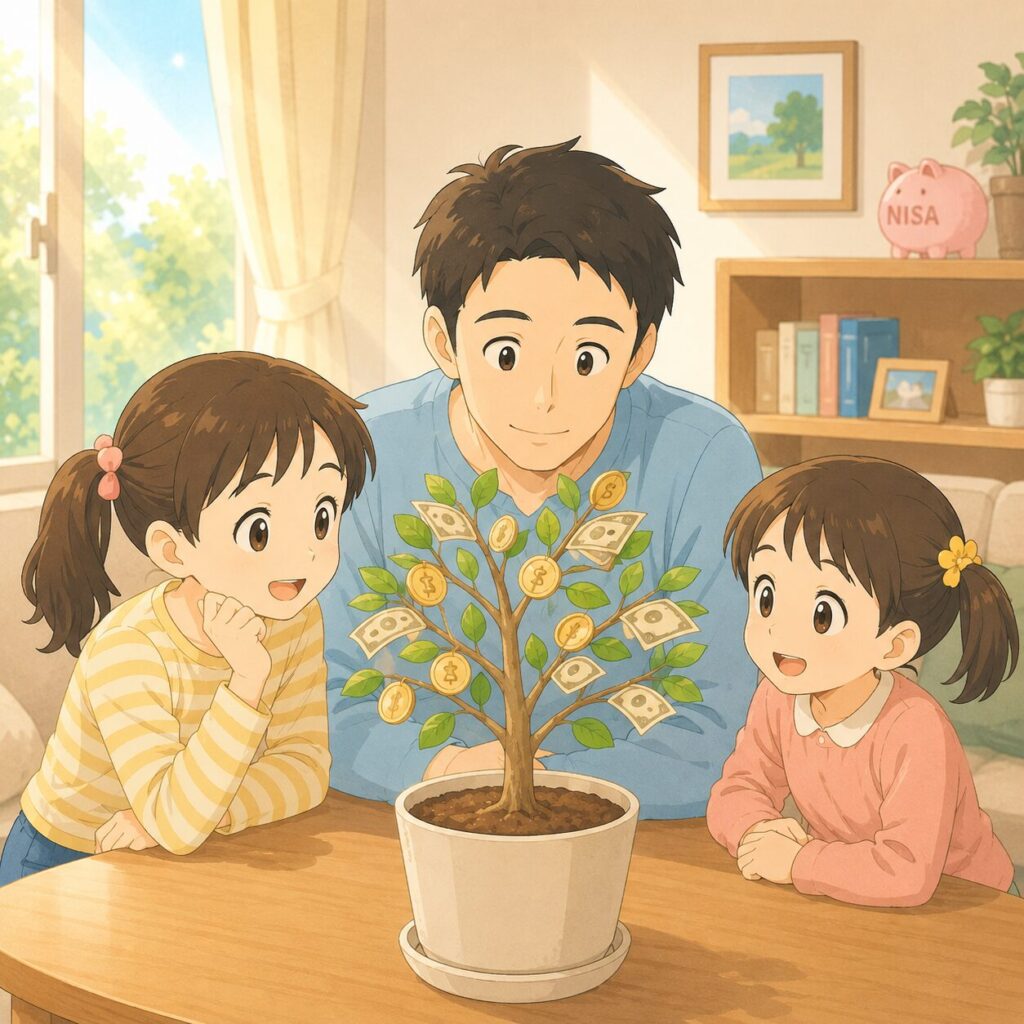 日本の家庭のリビングで、パパが小学生の姉妹2人と一緒に、
木のように育っていく植物の鉢を見つめているフラットイラスト。
鉢から伸びる木の枝には、コインや小さなお札のような葉っぱが
実っている（資産が育つメタファー）。
背景に「NISA」と書かれた小さな貯金箱が棚に置いてある。
パパは穏やかな笑顔、姉妹は興味深そうに木を眺めている。
時間の経過と長期積立を象徴するように、太陽の光が窓から
差し込んでいる。