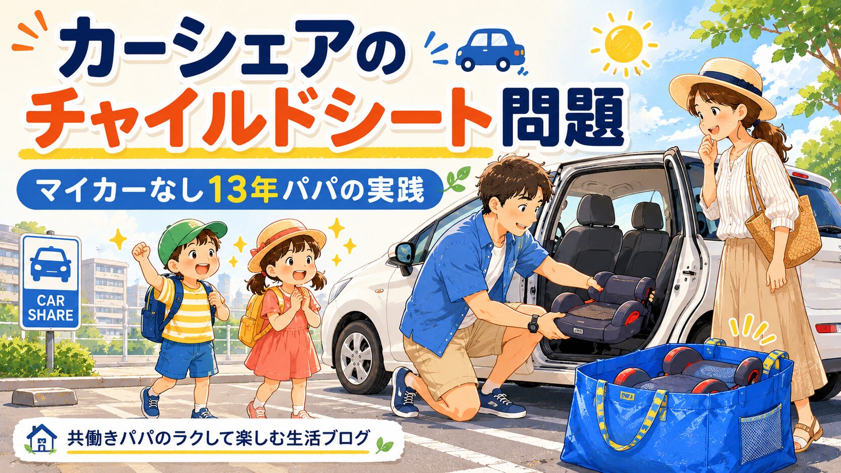 夏の日本のカーシェア駐車場の風景。共働きパパが、大きな青いIKEA風トートバッグから「ジュニアシート（背もたれの低い小ぶりなブースタータイプ）」を取り出して、シェアカーの後部座席に設置しているところ。青いバッグの中には、もう1台の同じジュニアシートが入っているのが見える（=ジュニアシートは合計2台）。乳児用の大きなチャイルドシートではなく、小学生が使う小ぶりなブースターシート。子ども2人（年中〜小学校低学年くらい）が楽しそうに待っていて、ママもそばにいる家族のシーン。