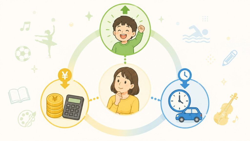 中央に「習い事を選ぶ親」のアイコン。周囲を3つの軸(円形配置):①子供の意欲(笑顔の子供アイコン)②費用(コイン・電卓アイコン)③時間・送迎(時計・車アイコン)。3つの軸がバランスを取っている構図。「この3つで判断する」を視覚化。