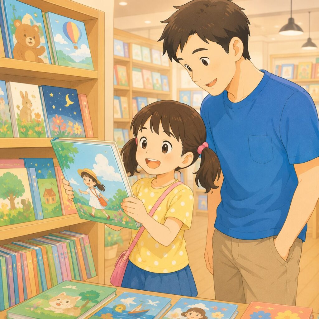 小学1年生の女の子が読書感想文用に本屋さんで本を選んでいるイラスト