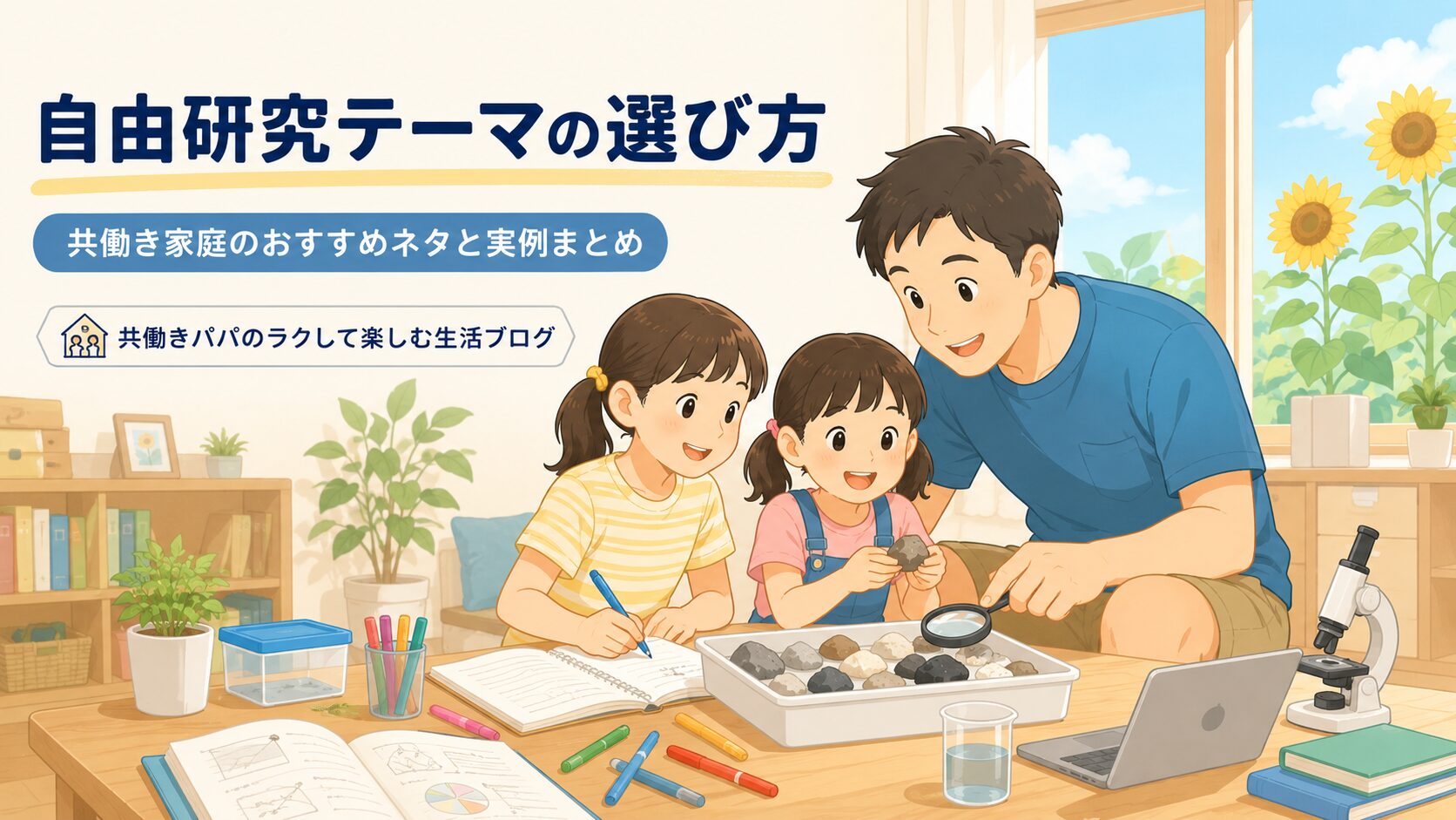 日本の子育てブログ向けの、温かくて明るいフラットイラスト。 カジュアルな夏服を着たパパが、小学生の姉妹2人の横にしゃがみ、 一緒に自由研究の作業をしている場面。 机の上には岩石のトレー、ホッピング、データを書いたノート、 カラフルなペンが並んでいる。 夏の午後、自宅でリラックスした週末の雰囲気。 窓から自然光が差し込み、外にひまわりが見える。