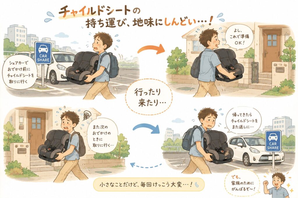 共働きパパが重そうなチャイルドシートを1台抱えて、駐車場と自宅を往復している様子。汗をかきながらも頑張る表情。背景に小さく自宅とシェアカー。