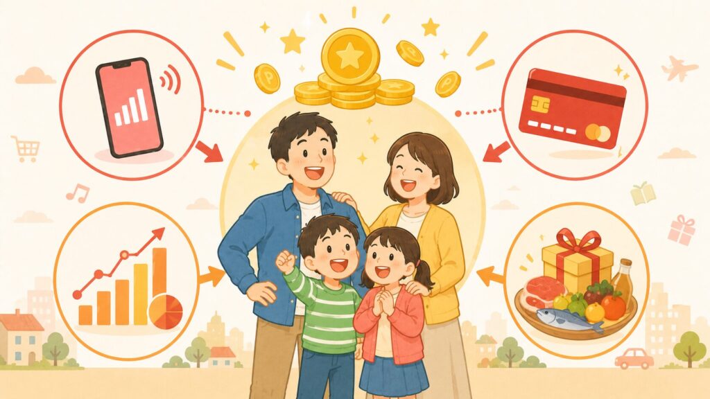 中央に共働きパパとその家族(妻・子ども2人)のアイコン。その周りを4つのサービスアイコンが等間隔に配置される構成:①スマホ(楽天モバイル風通信)②クレジットカード(楽天カード風)③グラフ・チャート(楽天証券・NISA)④プレゼント箱や食材(楽天ふるさと納税)。中央上部にコインや「ポイント」を象徴する星マーク。「4本柱で家族の家計を支える」イメージ。