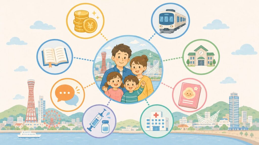 中央に「神戸市子育て家庭」のアイコン。周囲を放射状に8つのカテゴリアイコンが囲む構成:①お金(コイン)②交通(地下鉄)③公共施設(建物)④妊娠出産(母子手帳)⑤医療(病院マーク)⑥予防接種(注射)⑦相談(吹き出し)⑧図書館(本)。家族を中心に支援が広がるイメージ。