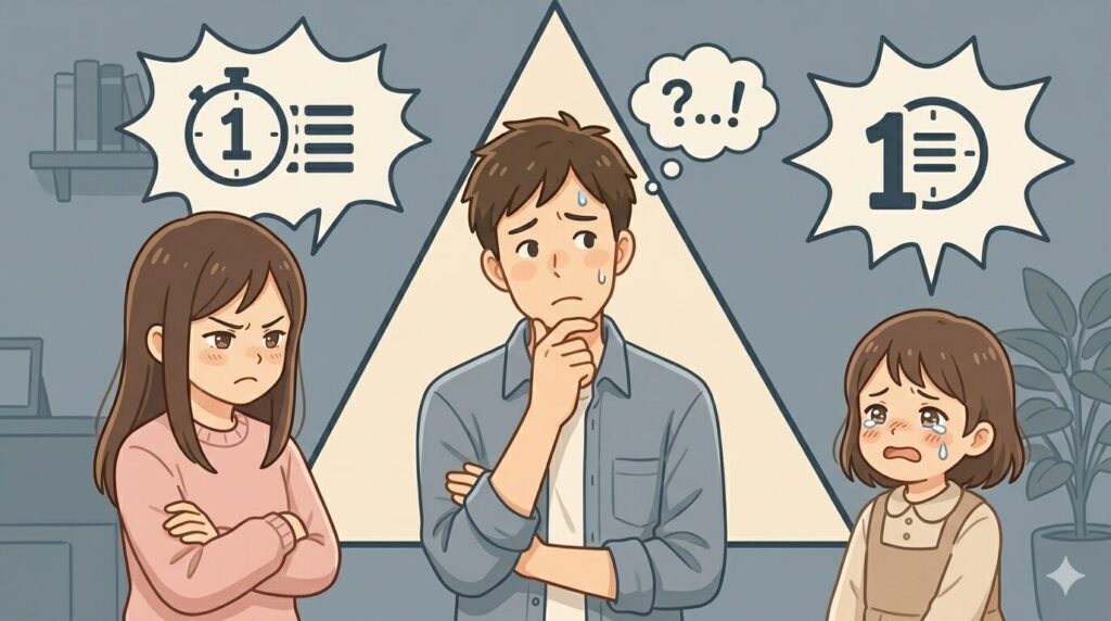 中央に困った表情のお父さん。左に上の子(不満そう)、右に下の子(泣きそう)。両方の子が「私が先じゃない!」と主張しているような吹き出し(テキストなし、感情マークで表現)。お父さんは両者を見ながら「どう判断すれば…」と悩んでいる構図。