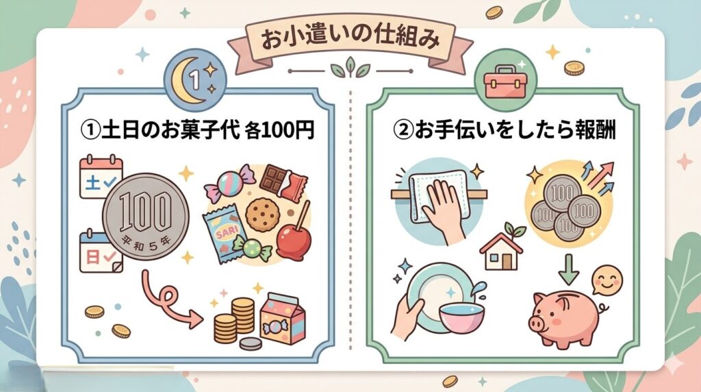 お小遣いの仕組みを2本柱で図解：左に「①土日のお菓子代 各100円」（100円玉とお菓子のアイコン）、右に「②お手伝いをしたら報酬」（雑巾・お皿洗いとコインのアイコン）。