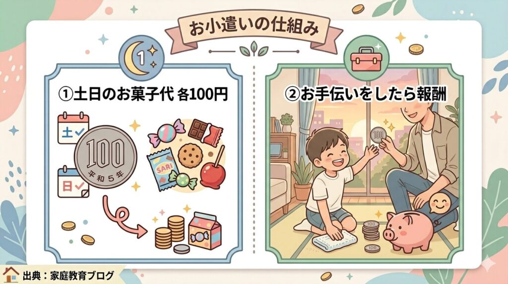 小学生の子どもが家のお手伝い（食器を運ぶ・床を拭くなど）を頑張り、親からコインを受け取って誇らしげに笑っている。共働き家庭の日常的なリビング。