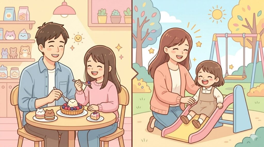 左:パパとお姉ちゃんがスイーツを食べたりかわいい雑貨を見たりして笑顔。右:ママと下の子が公園や遊び場で楽しそうにしている。両者ともリラックスして穏やかな表情。家族が「別々に過ごすことで穏やかになる」を視覚化