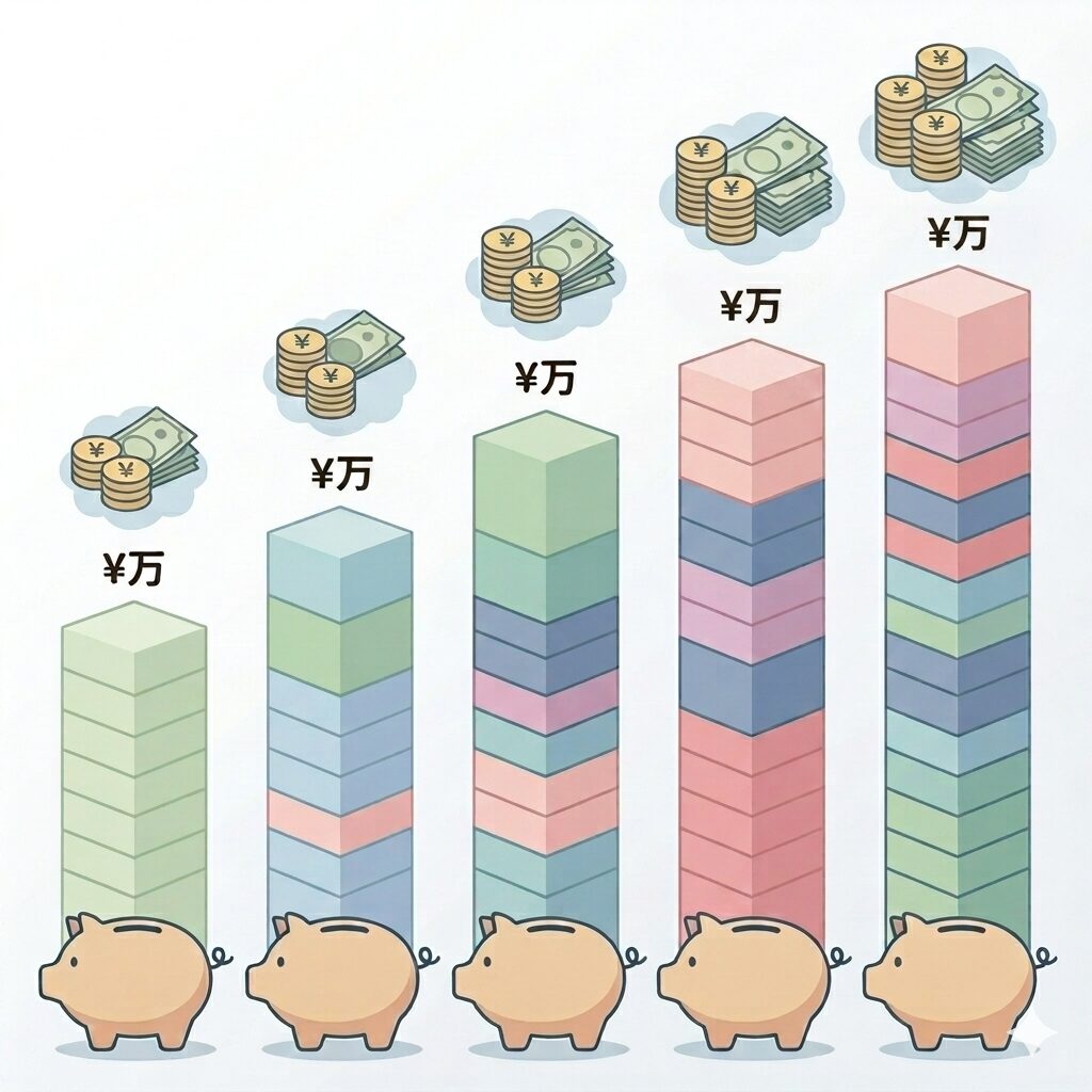 日本の教育費を視覚化したフラットイラスト。
画面に5本の積み上げ棒グラフが横並びに描かれ、
それぞれ「公立」「公立+私立高校」「私学中高+国公立大学」
「すべて私立(文系)」「すべて私立(理系)」のラベル付き
(ただし日本語テキストは入れず、色の濃淡で区別)。