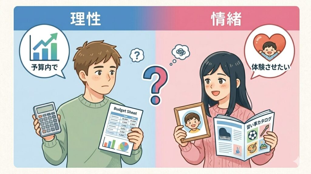 左:パパ(電卓と予算シートを持つ・冷静)。「予算内で」のセリフ。右:ママ(子どもの写真・習い事カタログを持つ・愛情あふれる表情)。「体験させたい」のセリフ。中央に「?」マークが浮かぶすれ違いの構図。