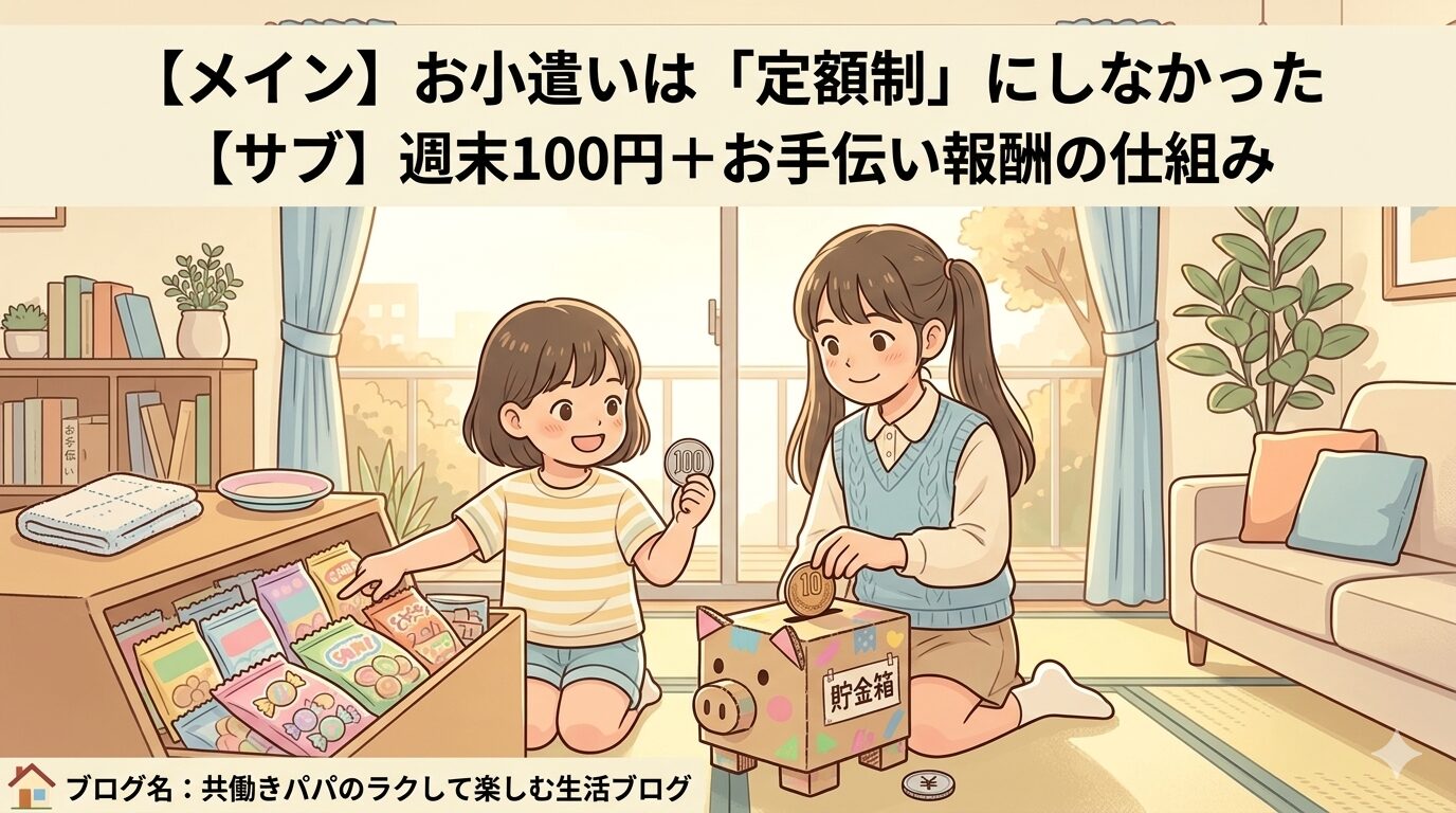 日本の家庭のシーン。共働き家庭の小学生の姉妹2人と、お小遣いをテーマにした構図。左の子（小1）は100円玉を握ってお菓子を嬉しそうに選んでいる（すぐ使うタイプ）。右の子（小3）はコインを貯金箱にコトンと入れている（貯めるタイプ）。背景に「お手伝い」を連想させる小物（雑巾やお皿）もさりげなく。お金教育の温かい雰囲気。明るい