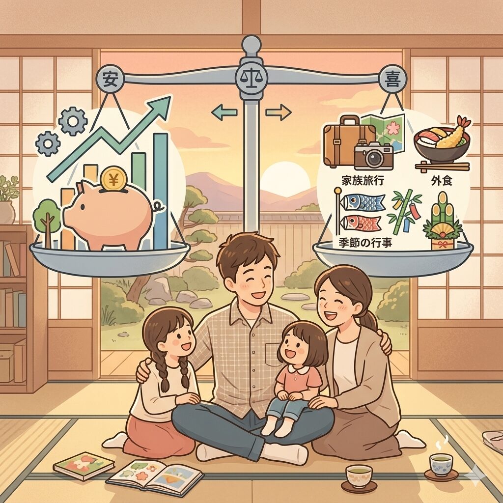 日本の家庭の温かい時間を描いたフラットイラスト。
画面左側に「投資・積立」を象徴する右肩上がりのグラフと貯金箱、
画面右側に「今を楽しむ家族時間」を象徴する家族旅行・外食・
季節の行事のアイコンが配置されている。
中央に天秤があり、両方のバランスが取れている様子。
天秤の手前に、共働きパパが家族(妻と姉妹2人)と一緒に
笑顔で過ごしているシーンが描かれている。