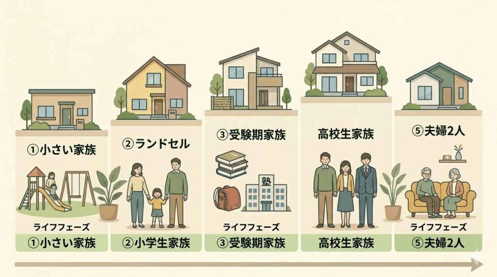 家族のライフフェーズによって暮らしやすい家、間取り、住所は変わることを示したイラスト