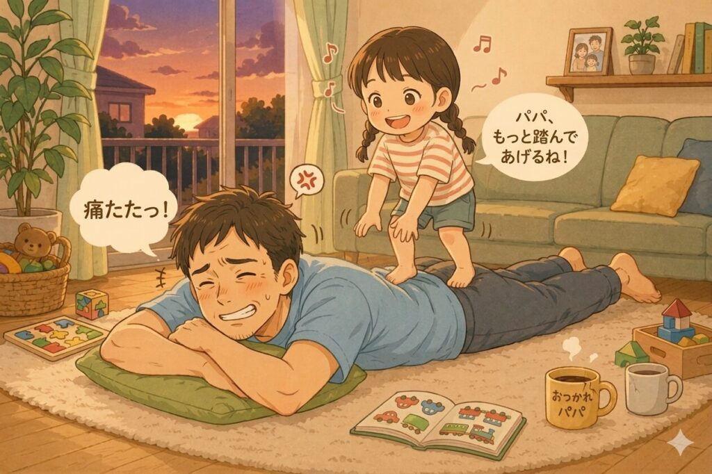 前のシーンの数年後。少し大きく成長した子どもが同じようにパパの背中を踏んでいるが、体重が増えてパパが「痛たたっ!」と苦笑いしている。子どもは無邪気に笑顔。