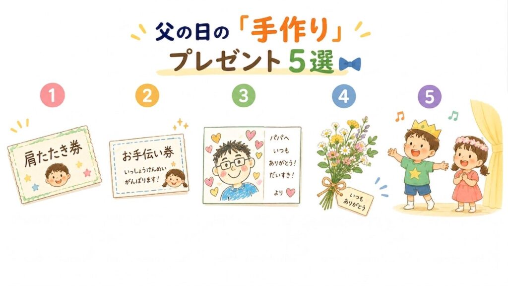 父の日の手作りプレゼント5種類を並べて図解:①手作りの「肩たたき券」②「お手伝い券」③子どものお絵かき・お手紙 ④道端の野花で作った小さな花束 ⑤歌や劇をする子ども。