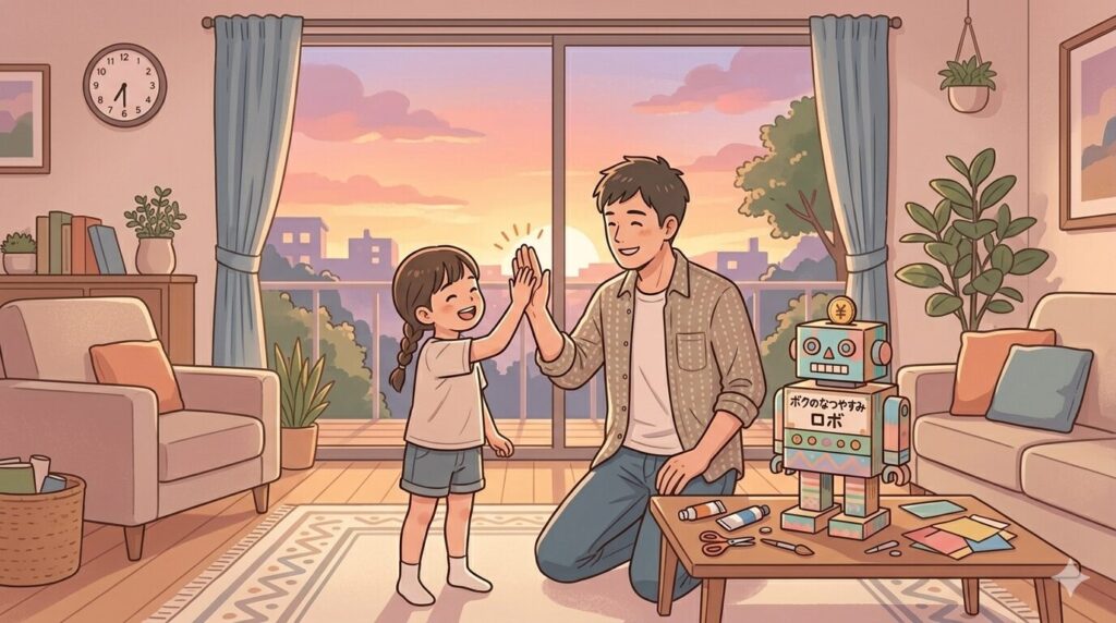 リラックスした共働きパパと子供が、完成した夏休みの工作の隣でハイタッチ。二人とも笑顔。夏の終わりの夕焼け。達成感とほっとした空気。