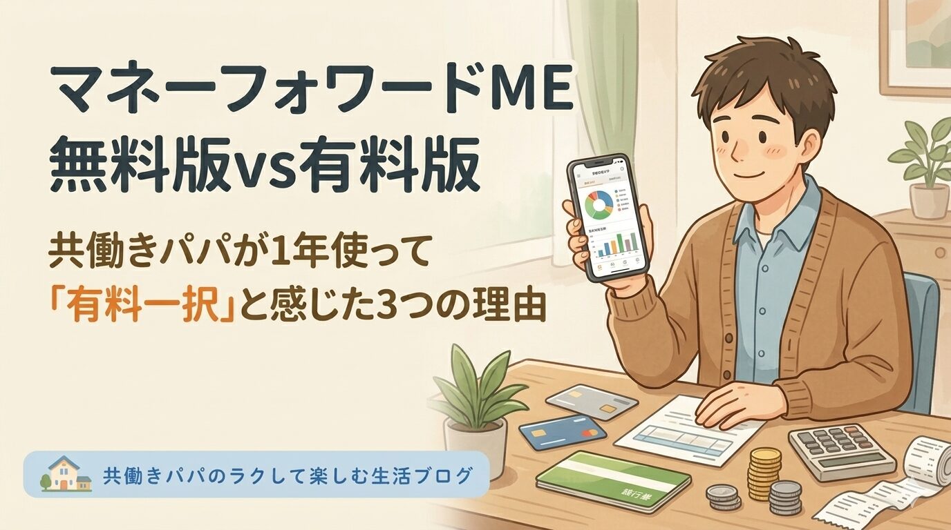30〜40代の男性がスマホを見ながら家計簿アプリの画面（収支グラフ・チャート）を確認している様子。安心した表情で「家計が見える化されてスッキリ」した雰囲気。背景に複数のクレジットカード・通帳・電卓・コインなどの小物が整然と並ぶ。「家計管理ができている安心感」を伝える構図。