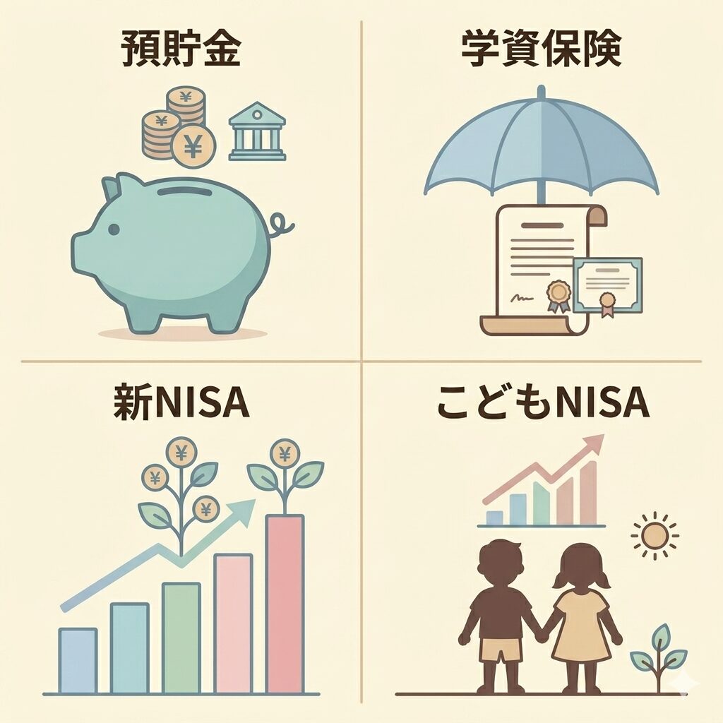 日本の家計ブログ向けの、ニュートラルで公平なフラットイラスト。
画面を4分割し、それぞれに以下のアイコンを配置:
①預貯金 → 貯金箱
②学資保険 → 傘の下に書類
③新NISA → 右肩上がりの成長グラフと小さな木
④こどもNISA → 子供のシルエット+小さな成長グラフ