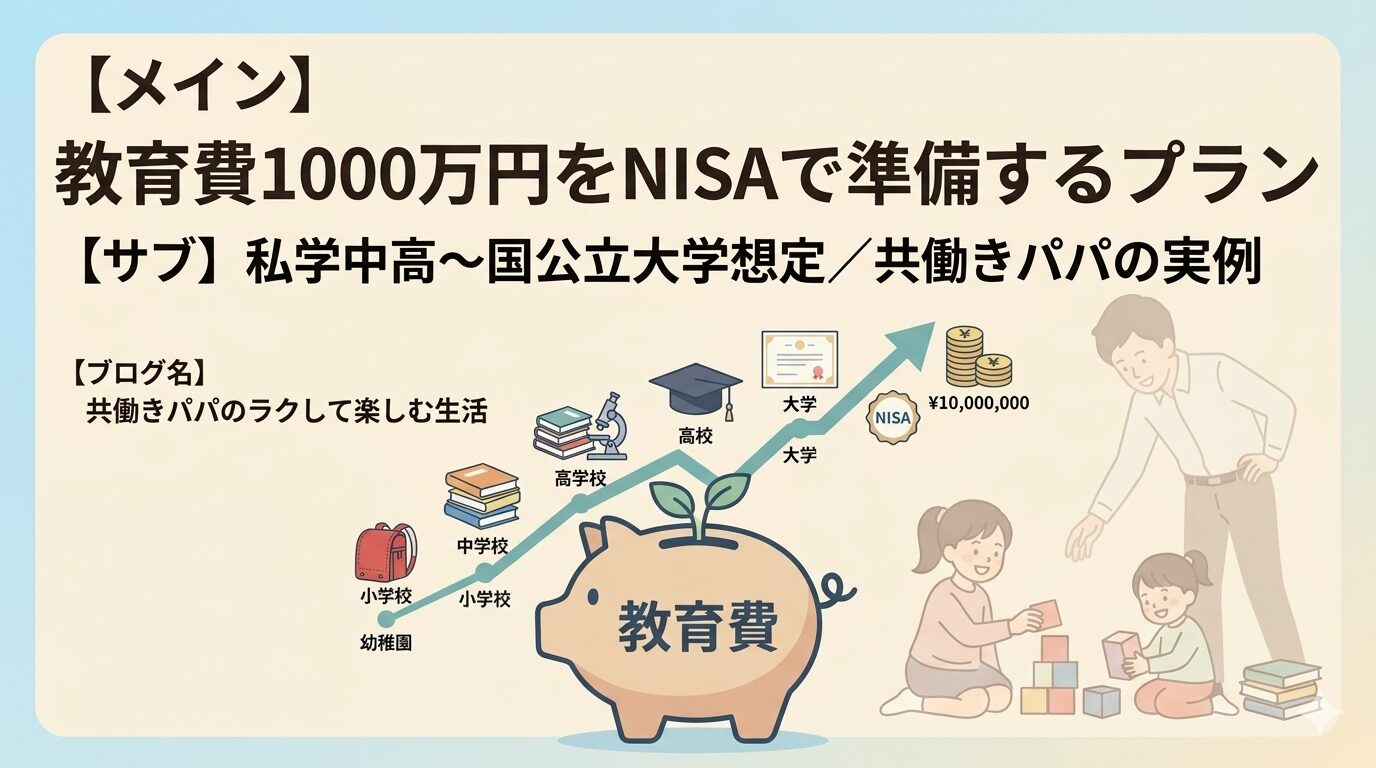 日本の家計・投資ブログ向けの、明るくて信頼感のあるフラットイラスト。 画面中央に「教育費」と書かれた大きな貯金箱が配置され、 そこから上に向かって右肩上がりの折れ線グラフが伸びている。 グラフの先には、幼稚園→小学校→中学校→高校→大学を象徴する 小さなアイコン（ランドセル・教科書・大学帽など）が時系列で並ぶ。 背景に共働きパパが姉妹2人を見守る穏やかなシルエットが うっすら描かれている。