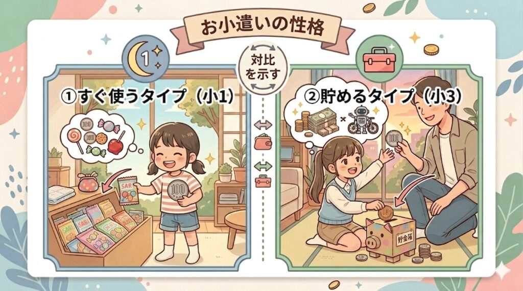 下の子（小1）が100円玉でお菓子をすぐ買って今を楽しむ笑顔（「すぐ使うタイプ」）。右：上の子（小3）がコインを貯金箱に貯めて大きな買い物を狙う表情（「貯めるタイプ」）。中央に小さな矢印やラベルで対比を示す。