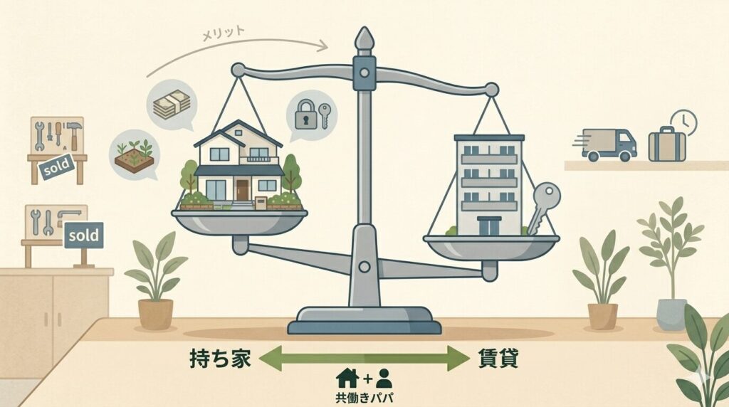 持ち家よりも賃貸にメリットを感じていることをてんびんのイラストで示したもの