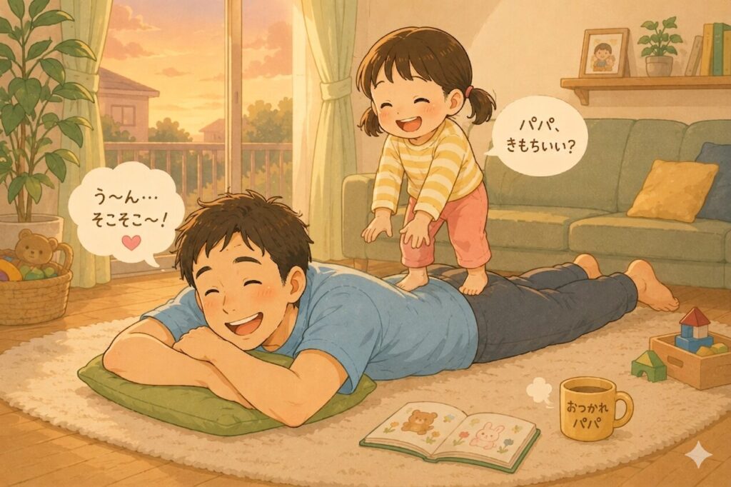 床にうつ伏せでリラックスする共働きパパの背中や足を、小さな子どもがニコニコしながら踏んでマッサージしている。気持ちよさそうなパパの表情。家庭のリビング、夕方の柔らかい光。