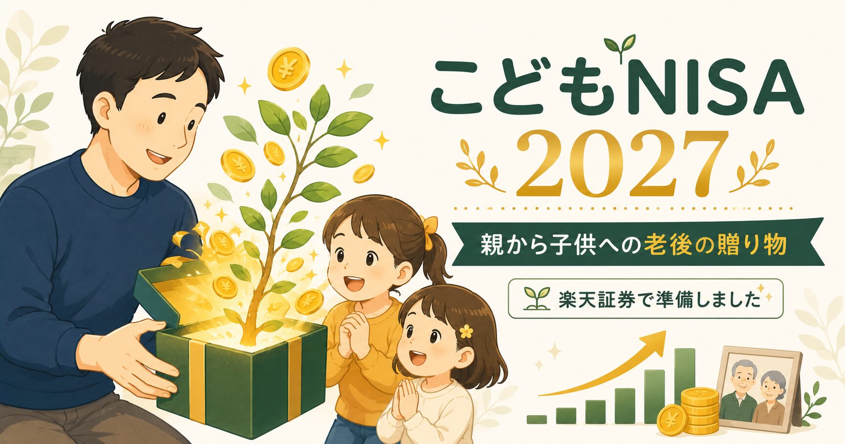 親から子へ子供NISAで老後資金の積み立てをプレゼントするイメージ