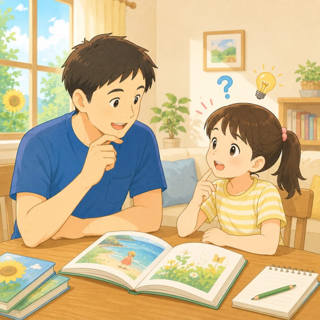 親子で読書感想文の書き方について話し合っているイラスト
