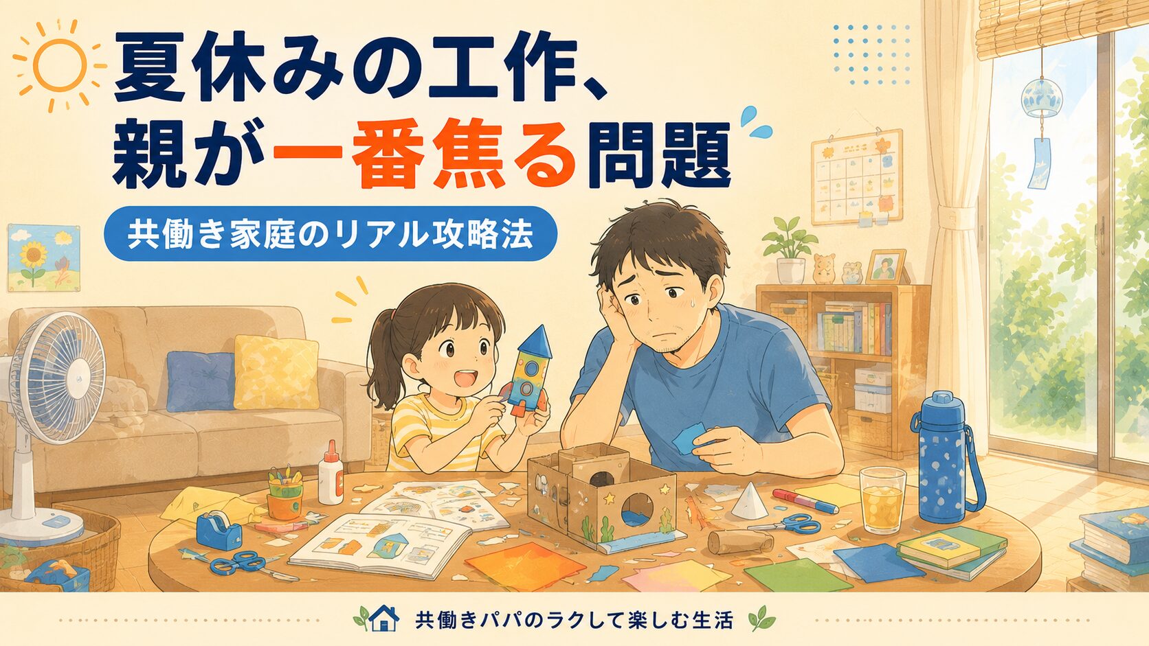 夏の日本の家庭のリビング。低いテーブルの上に、作りかけの牛乳パックと段ボールの貯金箱、散らばったハサミ・のり・絵の具。家用の普段着を着た少し疲れた様子の共働きパパが、小学生の子供と並んで工作を手伝っている。子供は楽しそうで、パパは優しく見守りながらもくたびれた表情。窓から差し込む午後の夏の光、セミの鳴く季節の空気感。