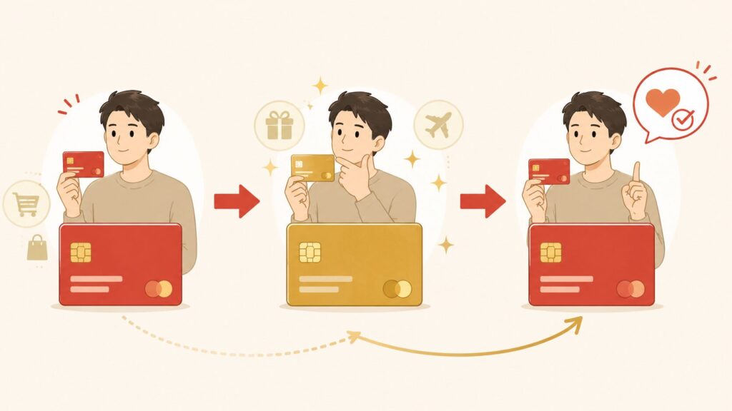 左から右に「通常カード → ゴールドカード → 通常カードに戻る」という3段階の流れを矢印で繋ぐ。一般的な「アップグレード一直線」と違う「賢い逆コース」を示唆する図。