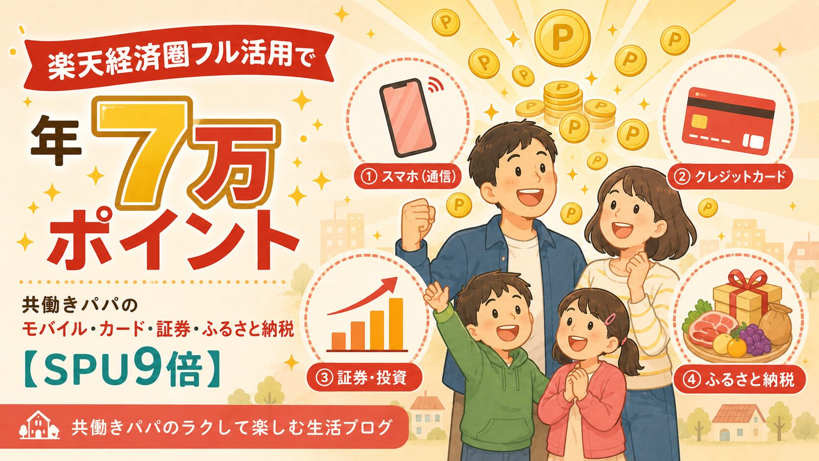 ①スマホ（通信）②クレジットカード③証券・投資（グラフ）④ふるさと納税（プレゼント箱や食材）。中央上部にコイン・ポイントが家族に降り注ぐ表現。「楽天経済圏で家族の家計が潤う」イメージ図。