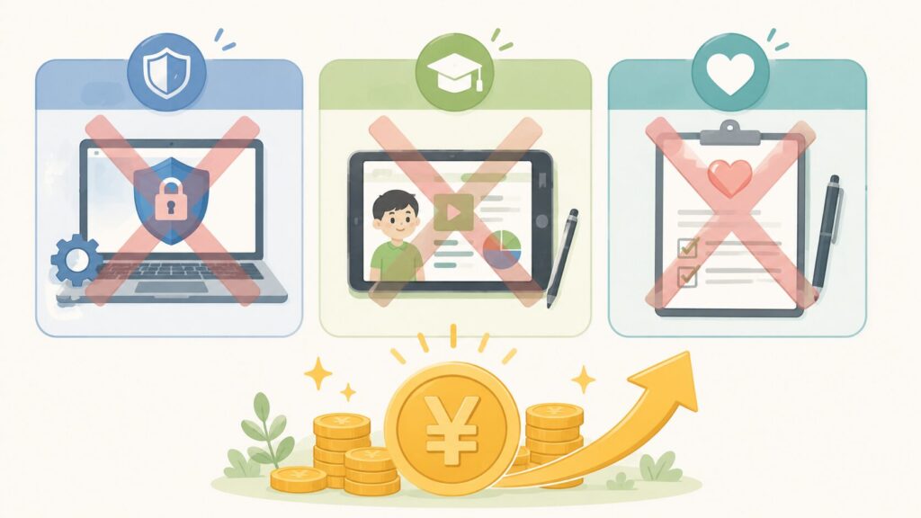 ウイルス対策ソフト、タブレット学習、保険を解約してお金の余裕が生まれたイラスト