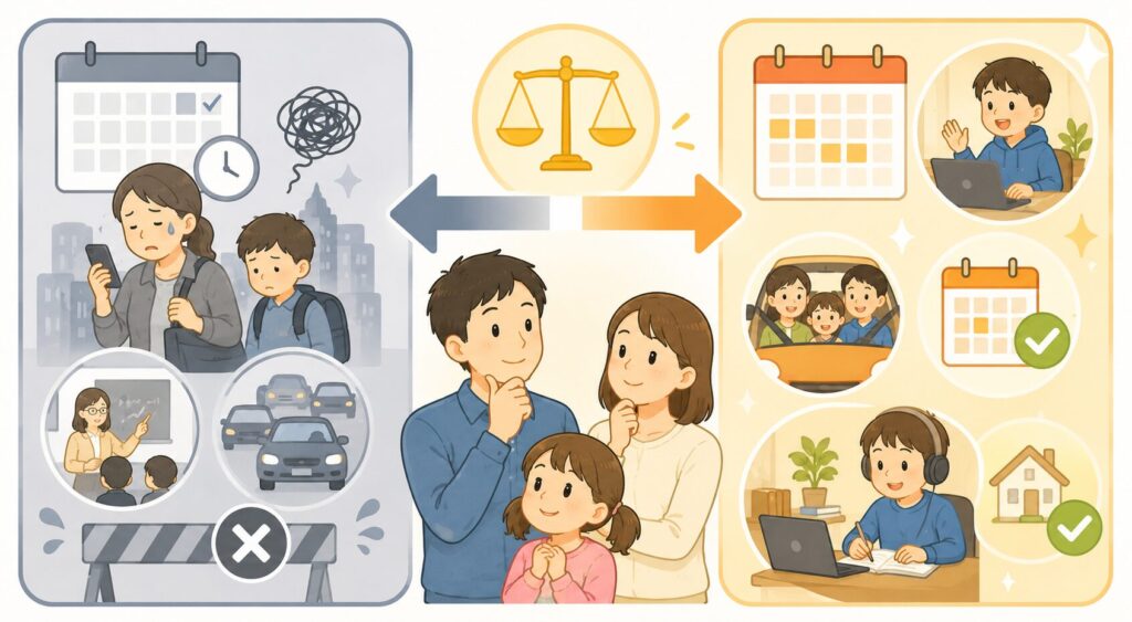 左:「専業主婦前提」の塾(平日午前のカレンダーマーク・親の付き添い必要のアイコン・ハードルが高い表現)。右:「共働き対応」の塾(土日対応・オンライン対応・送迎不要のアイコン・優しい表現)。中央に矢印で「ライフスタイル適合性で選ぶ」を示唆。