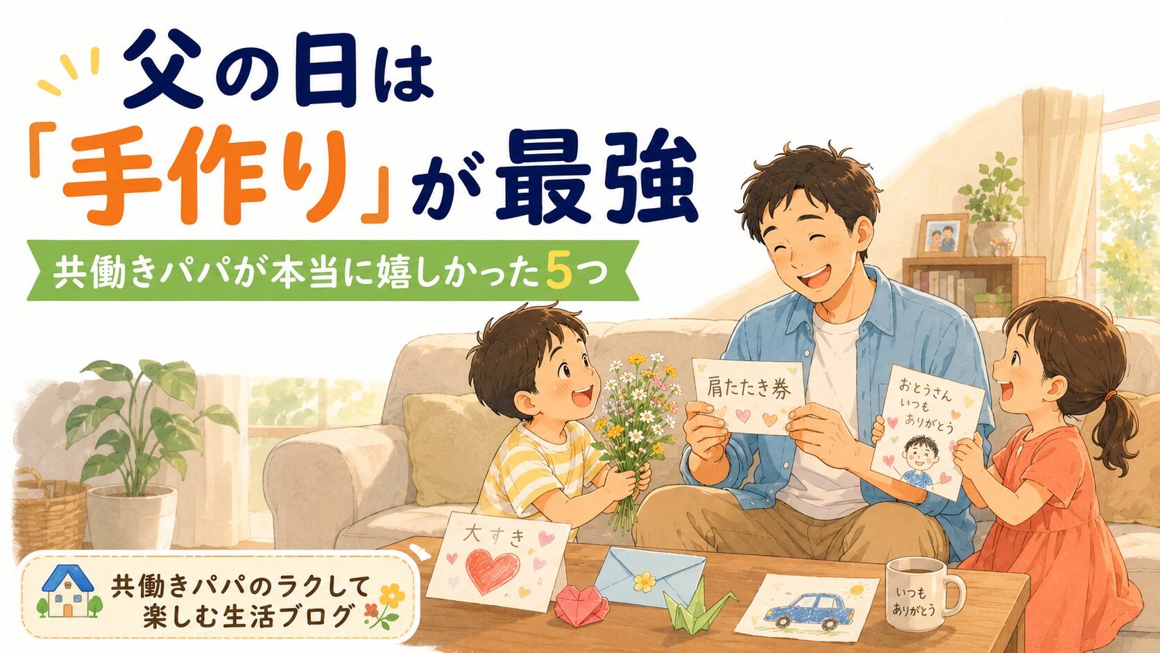日本の家庭のリビング。父の日に、共働きパパがソファに座って、子どもたちから手作りのプレゼントを受け取って嬉しそうに笑っている。パパの手には手作りの「肩たたき券」、まわりには子どもが描いたお絵かき・お手紙、道端で摘んだ小さな野花の花束、折り紙。子ども2人が誇らしげに見ている。お金をかけていない温かくて素朴な雰囲気。