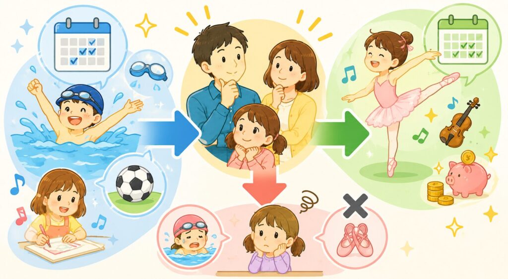 左:「短期コース」(カレンダー数週間・スイミングなど体験イメージ)。中央に矢印で「合う→長期へ」「合わない→終了」の二択分岐。右:「長期(月謝制)」(バレエなど継続イメージ)。「いきなり長期で契約しない」を視覚化。