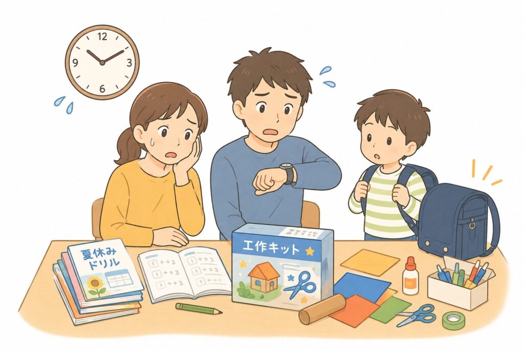 平日の夜、疲れた共働きの親が時計を気にしながら、まだ手つかずの夏休みの宿題（ドリル・工作キット）を前に困っている。子供は学童カバンを置いたところ。