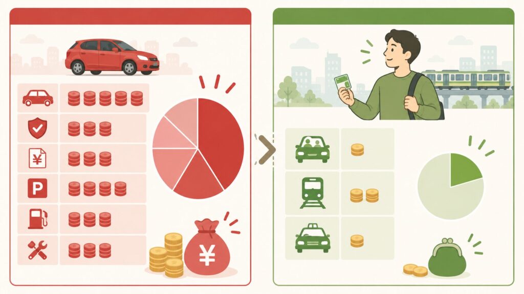 左:「車所有」の項目(車両代・保険・税金・駐車場代・燃料費・メンテナンス)が縦に並び、円グラフで合計が大きい。右:「車なし」の項目(カーシェア・電車・タクシー)が縦に並び、円グラフが圧倒的に小さい。両者の差が一目でわかる構図。