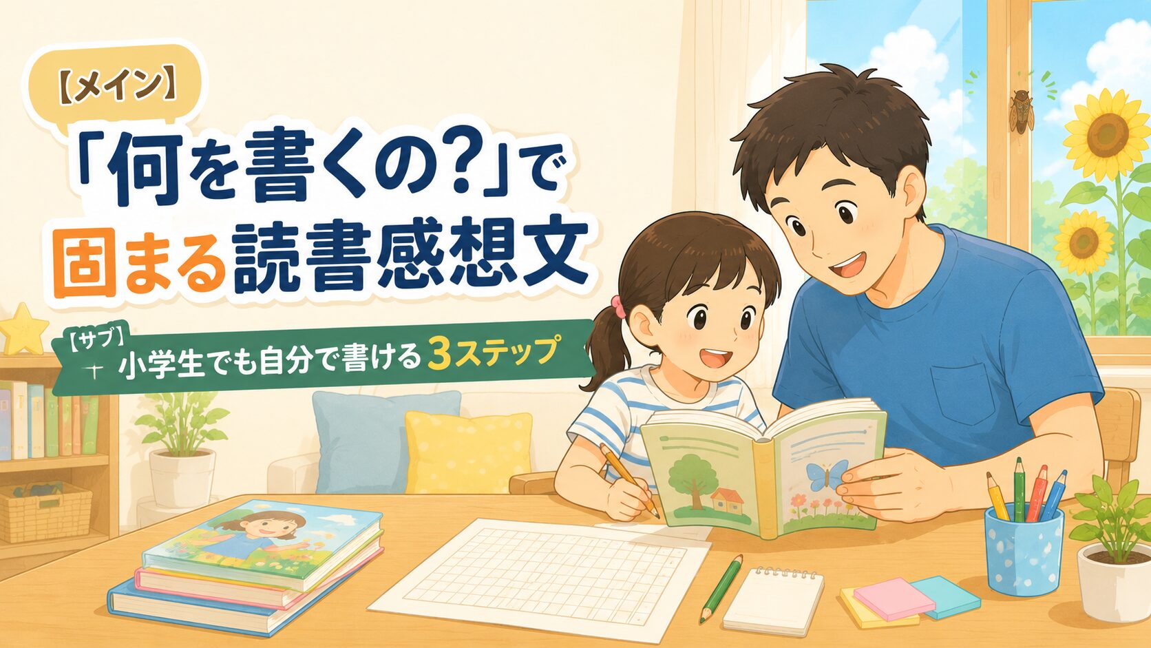 日本の子育てブログ向けの、温かくて明るいフラットイラスト。 カジュアルな夏服のパパが、小学生の女の子（小1〜小3くらい）の 横に座り、開いた本を一緒にのぞき込みながら笑顔で話している場面。 机の上には絵本、原稿用紙、鉛筆、メモ用紙が並んでいる。 夏の午後、自宅のリビングで親子が読書感想文に取り組んでいる雰囲気。 窓から自然光が差し込み、外に向日葵やセミの気配。