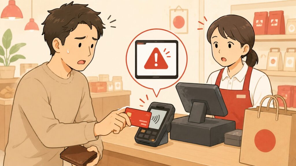 レジ前で男性がスマホ感覚でカードを端末にタッチしているが、画面に「金額制限のため使用不可」のような警告マークが出ているイラスト